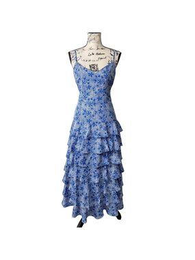 Likely Women Size 6 Ariella Floral Tiered Midi Dress Blue Ruffle Sleeveless $248